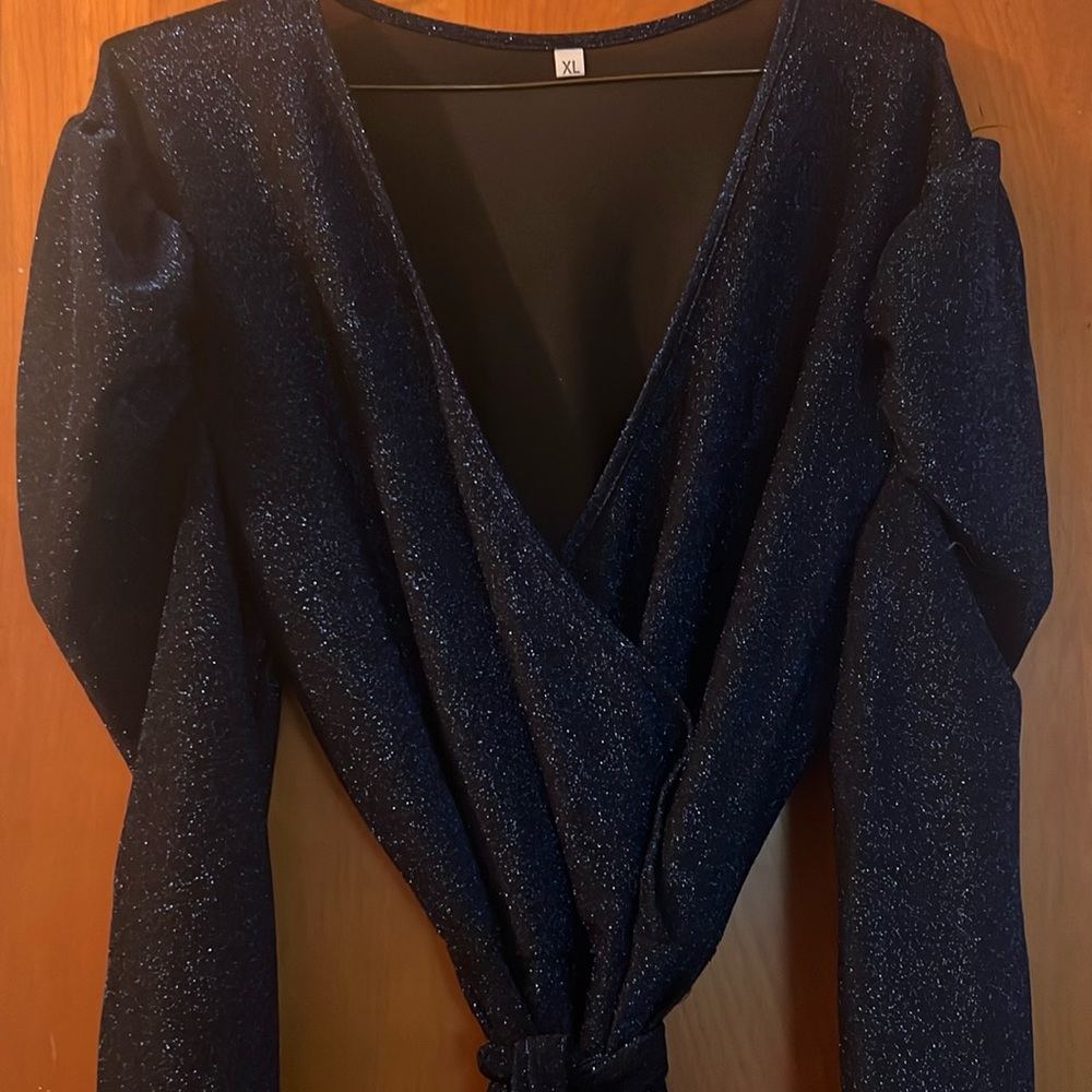 Navy blue shimmer jumpsuit with puffy sleeves